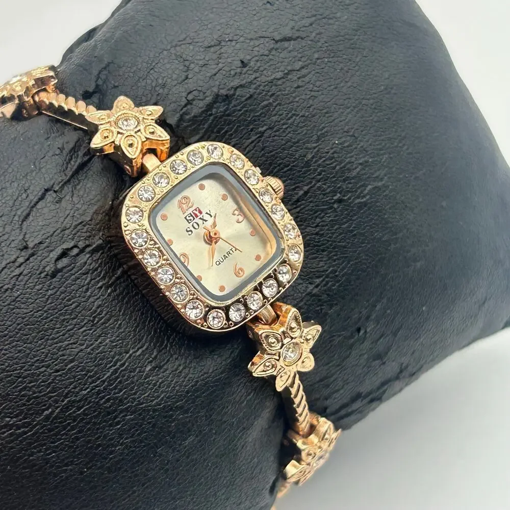 Soxy Rose Gold Square Dial Crystals on Bezel Floral Accents Women Fashion Watch